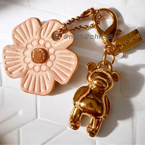 Coach Gold Bear Charm with Leather Tea Rose Charm set. New - Picture 2 of 7
